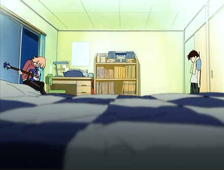 Screenshot from FLCL showing the bedroom of Naota, the protagonist.