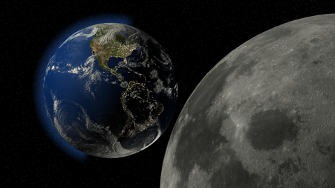 LightWave 3D render of the Earth and moon from space.