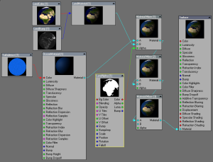 Node network for the earth surface, including color, bump, and ocean shader. Click for full size image.