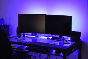 My new LED desk lights, set to blue. Click to view full size image.