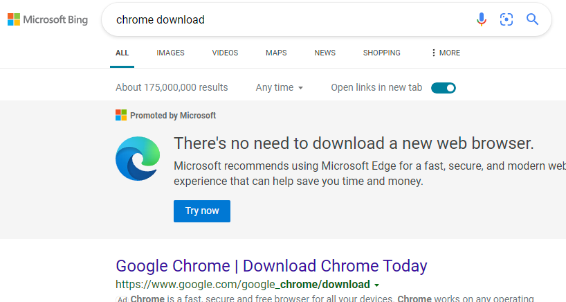 Bing search results for "chrome download" includes a banner by Microsoft recommending Edge.