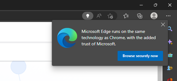 Visiting the Chrome download page in Edge pops up a Windows native dialog to keep you on Edge